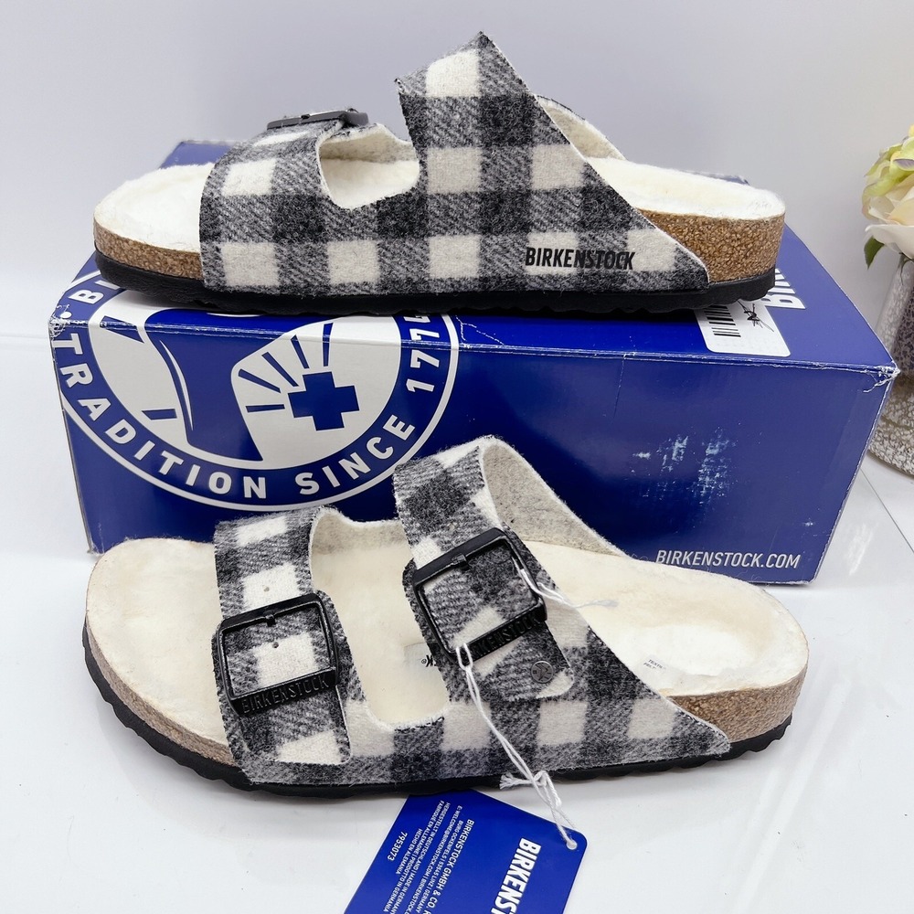 Birkenstock Arizona Rivet Shearling Sandal White Black Plaid Wool EU 46 US 13.5 - Picture 2 of 10